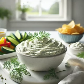 Shallow dish of layered taco dip with beans, creamy sour cream, shredded lettuce, diced tomatoes, and shredded cheddar, with tortilla chips around the dish.
