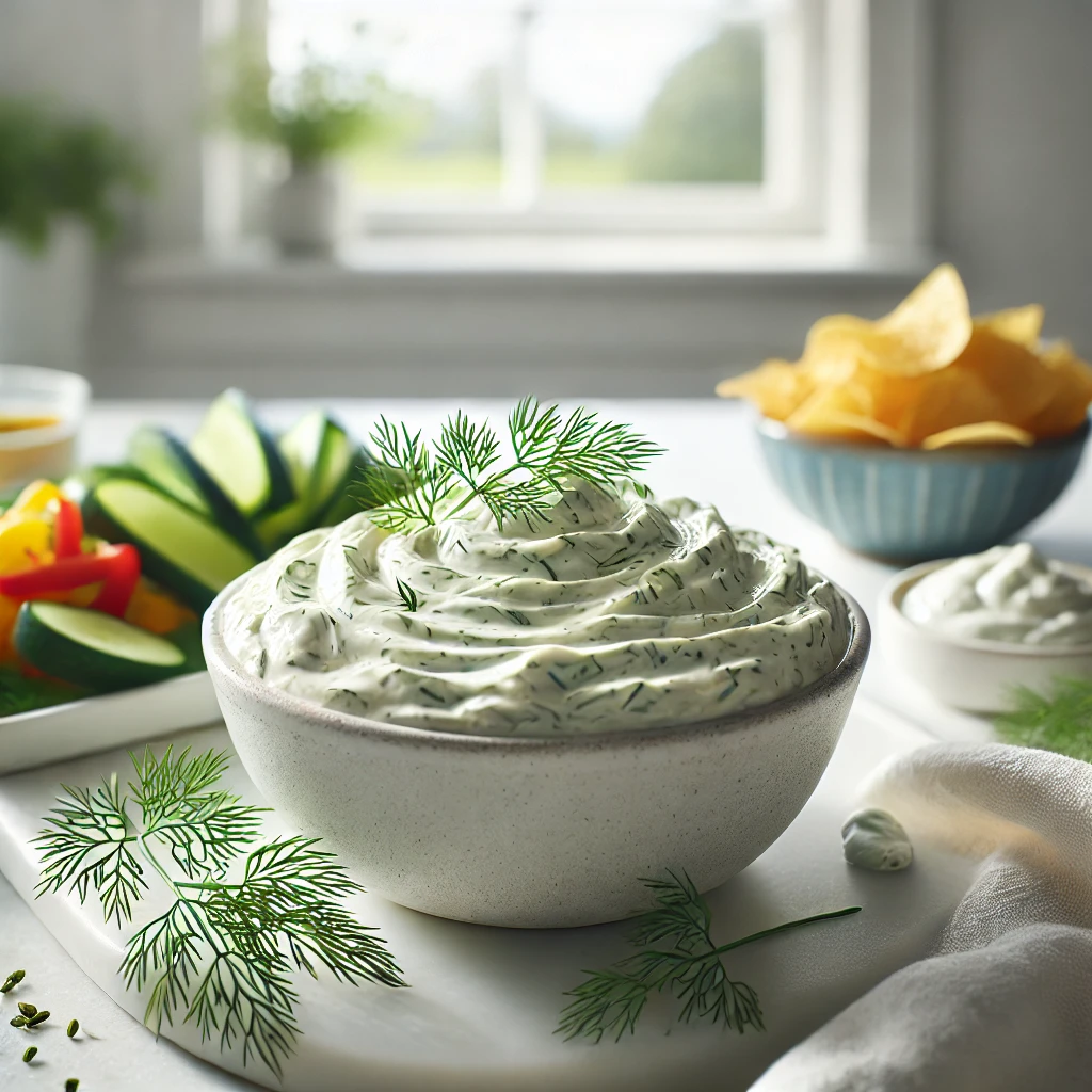Shallow dish of layered taco dip with beans, creamy sour cream, shredded lettuce, diced tomatoes, and shredded cheddar, with tortilla chips around the dish.