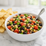 Bowl of colorful Texas caviar with beans, corn, and diced peppers, served with tortilla chips and a lime wedge.
