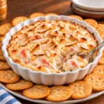 Baked almond crab spread topped with toasted slivered almonds with a spoonful removed, served with plain crackers.