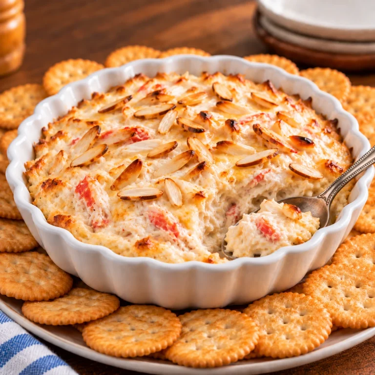 Baked almond crab spread topped with toasted slivered almonds with a spoonful removed, served with plain crackers.