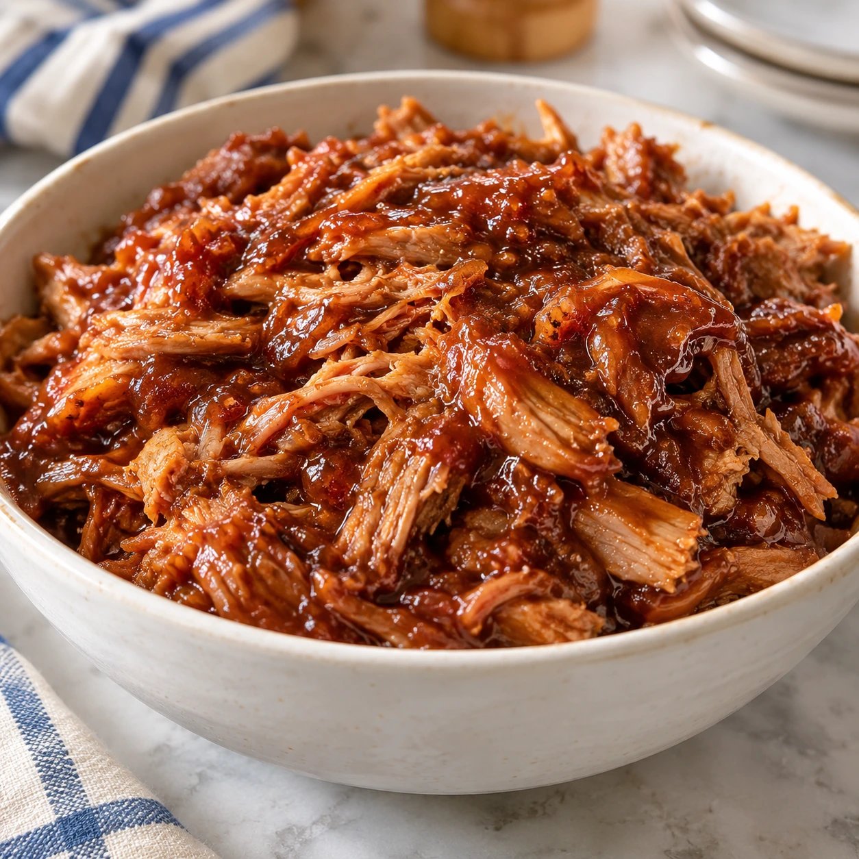 Art's Barbeque, shredded pork in a glossy tomato-based sauce in a serving dish.