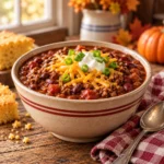 Square hero image of a cozy bowl of chili with cheddar and rustic autumn table styling.
