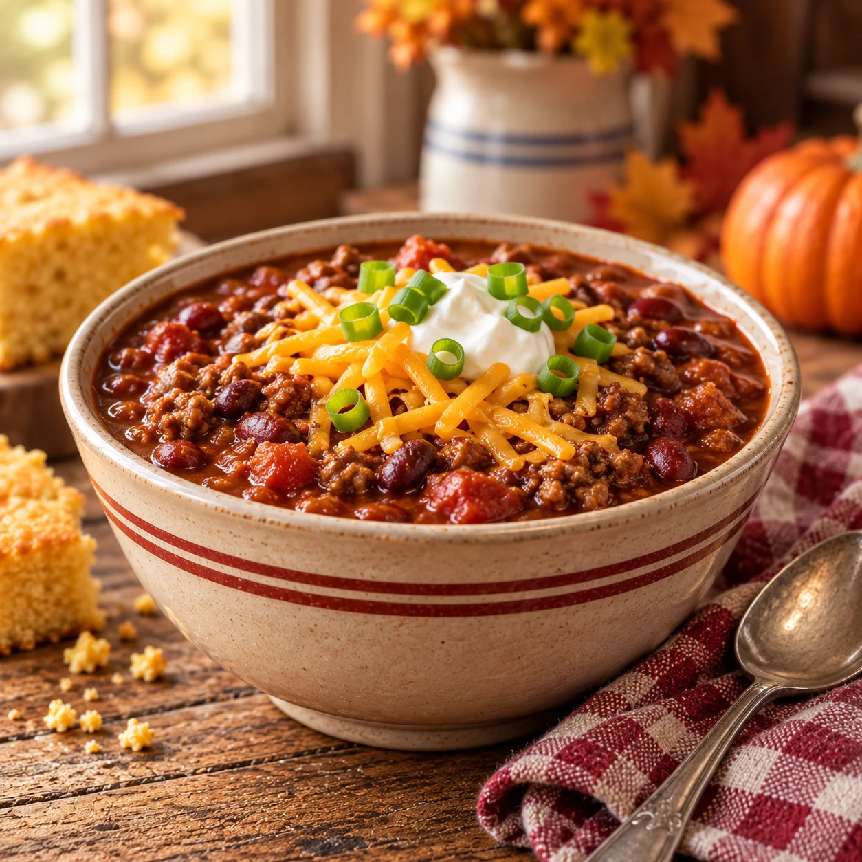 Square hero image of a cozy bowl of chili with cheddar and rustic autumn table styling.