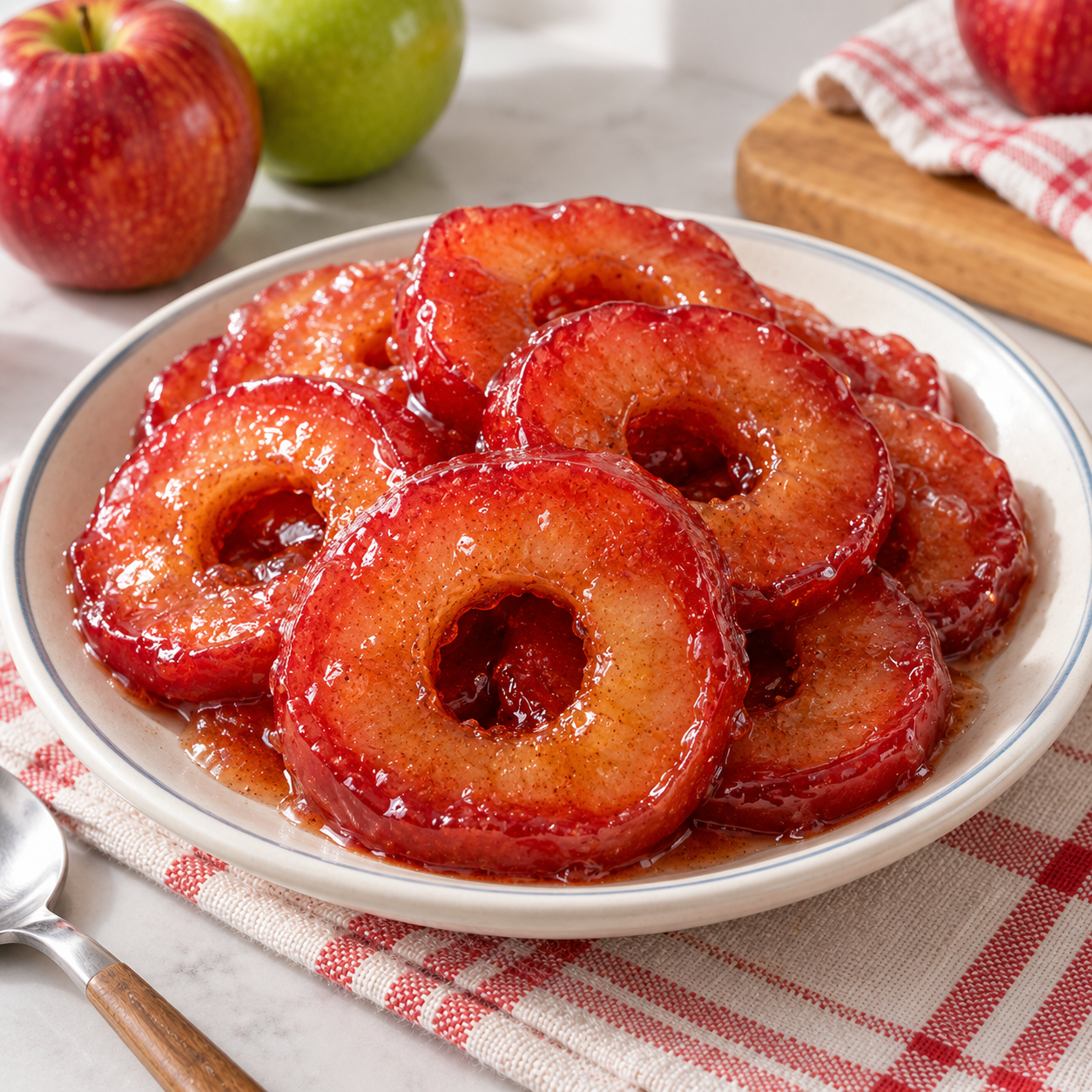 Glossy red candied apple rings arranged on a plate with a warm spiced glaze.
