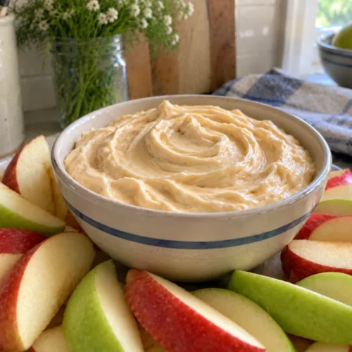 Smooth creamy caramel apple dip in a ceramic bowl surrounded by red and green apple slices.