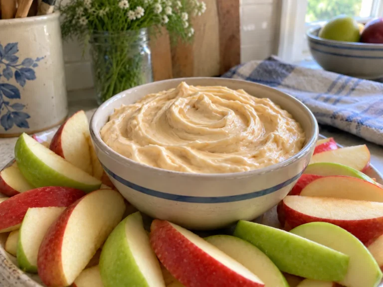 Smooth creamy caramel apple dip in a ceramic bowl surrounded by red and green apple slices.