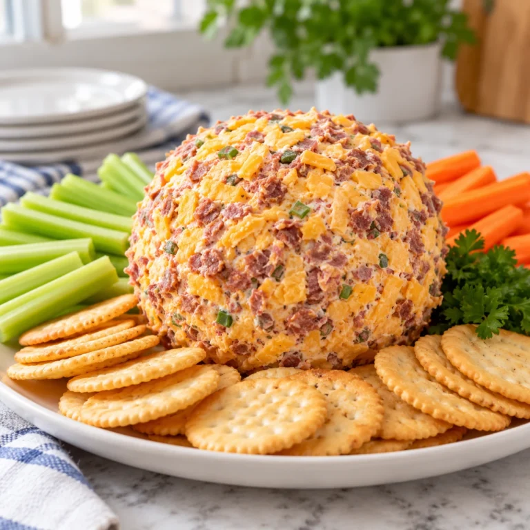 Chipped beef Cheddar cheese ball coated with chopped green onions.