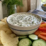 Creamy dill weed dip in a ceramic bowl with potato chips, cucumber, carrots, and bell pepper.