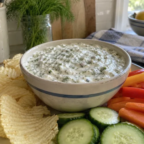 Creamy dill weed dip in a ceramic bowl with potato chips, cucumber, carrots, and bell pepper.