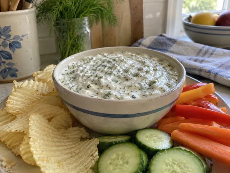 Creamy dill weed dip in a ceramic bowl with potato chips, cucumber, carrots, and bell pepper.