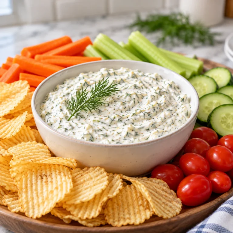 Fat-free dill dip with dried herbs served with carrots, celery, broccoli and cauliflower.