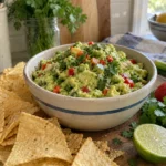 Chunky homemade guacamole with scallions, red bell pepper, chile, and cilantro served with tortilla chips.