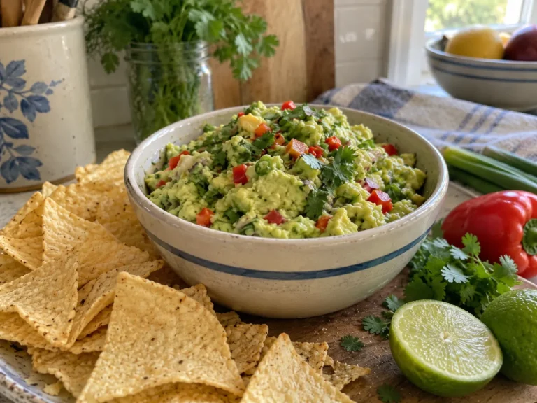 Chunky homemade guacamole with scallions, red bell pepper, chile, and cilantro served with tortilla chips.
