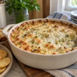 Baked hot artichoke dip with a golden bubbly top in a ceramic casserole dish with crackers and crostini.