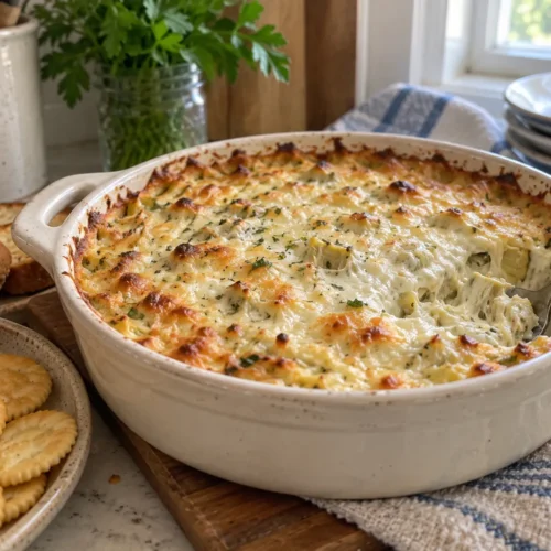 Baked hot artichoke dip with a golden bubbly top in a ceramic casserole dish with crackers and crostini.