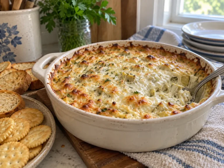 Baked hot artichoke dip with a golden bubbly top in a ceramic casserole dish with crackers and crostini.