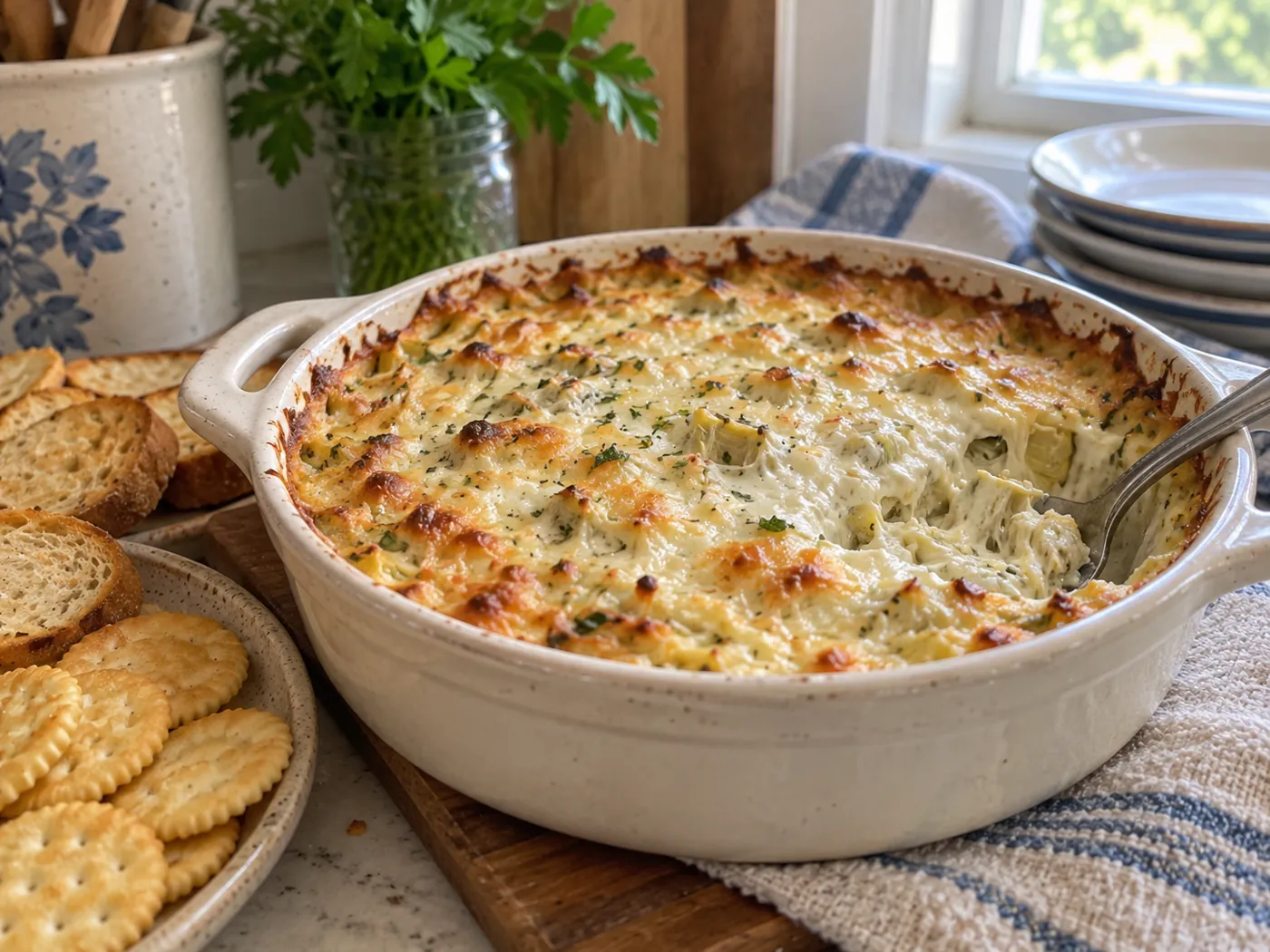 Baked hot artichoke dip with a golden bubbly top in a ceramic casserole dish with crackers and crostini.
