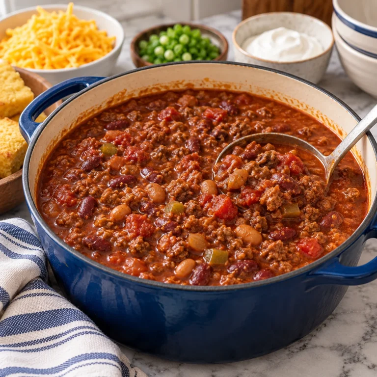 Large-batch beef and bean chili served beside a large stockpot.