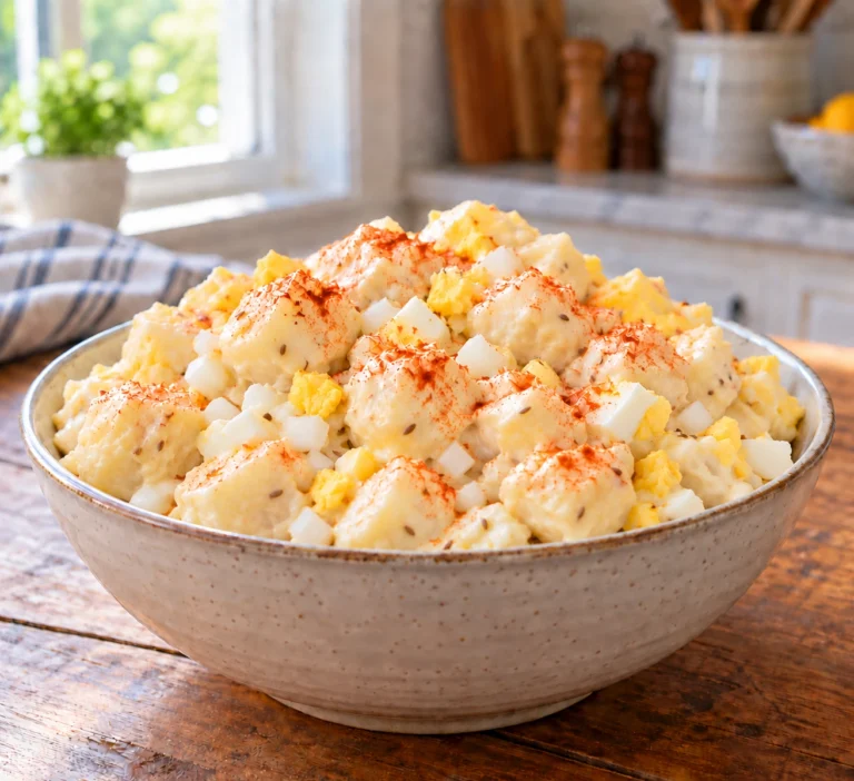 Lloyd Potato Salad with peeled red potatoes, hard-boiled eggs, white onion and paprika.