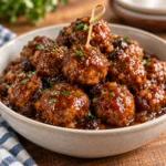 Meatballs in glossy gingersnap sauce with raisins and a looped bamboo appetizer pick.