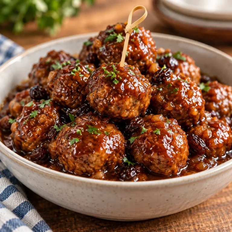Meatballs in glossy gingersnap sauce with raisins and a looped bamboo appetizer pick.