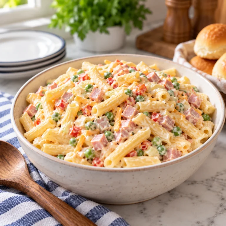 Creamy mostaccioli macaroni salad with peppers, tomatoes, carrots and diced cheese.