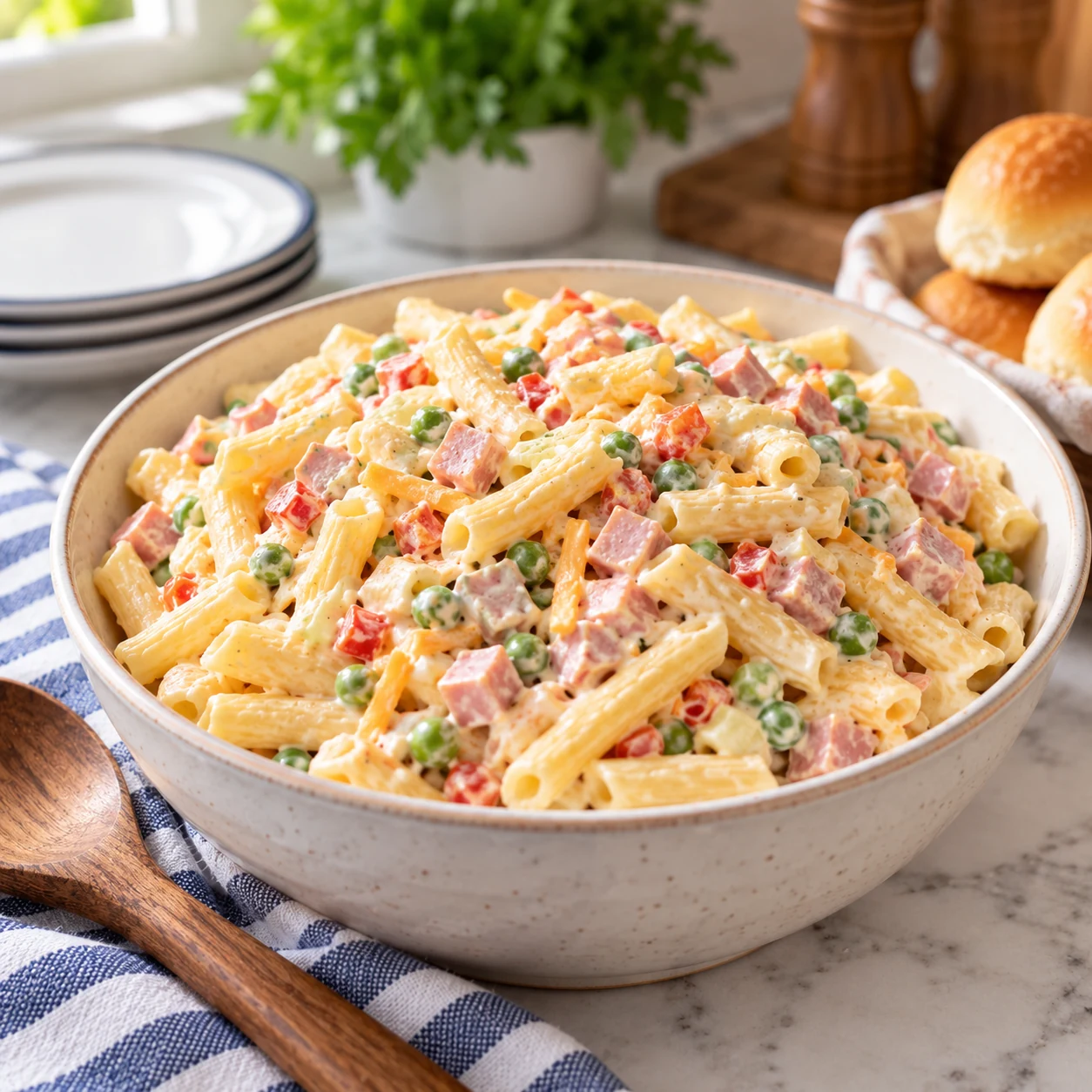 Creamy mostaccioli macaroni salad with peppers, tomatoes, carrots and diced cheese.