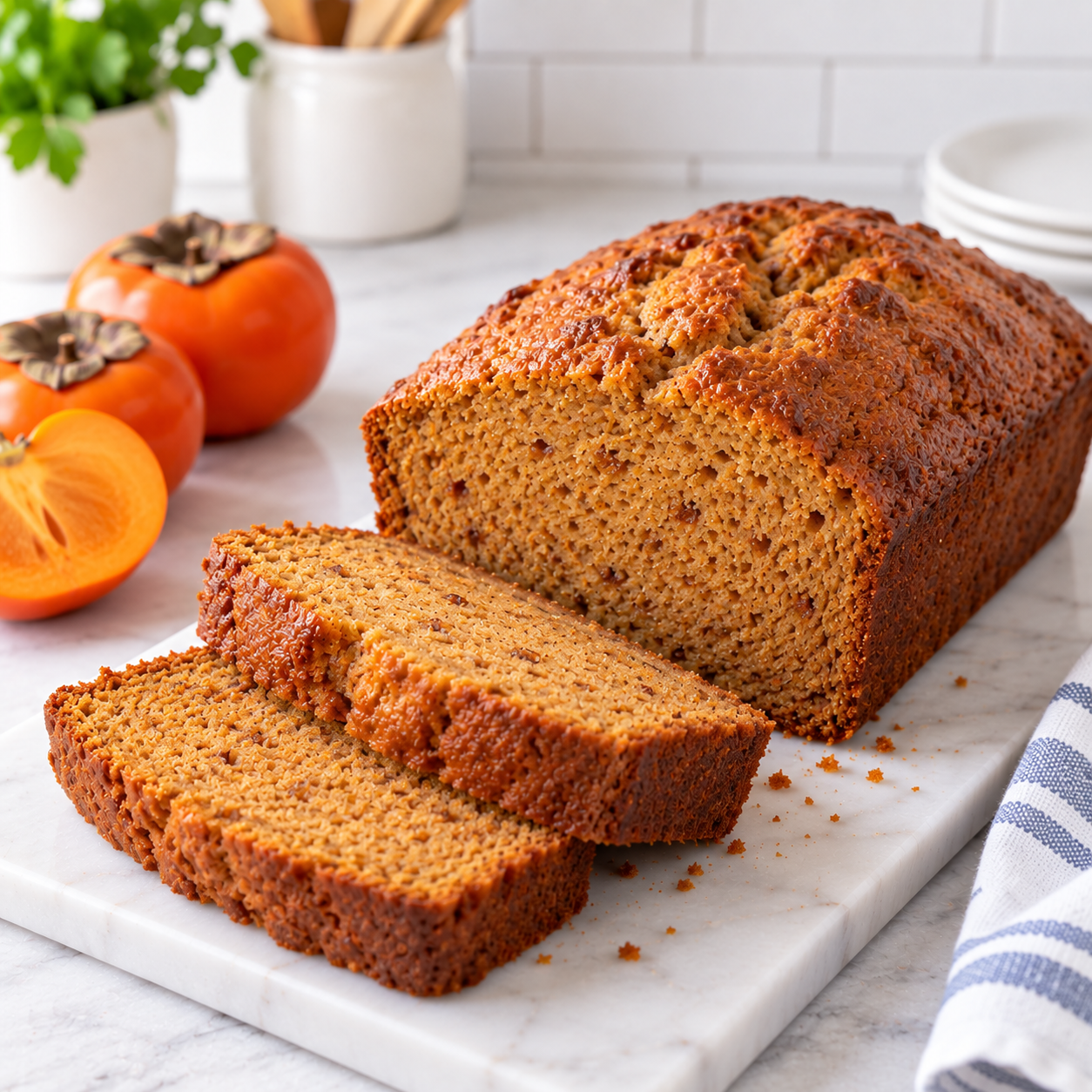 Persimmon bread with a smooth moist amber crumb, a simple browned top, and sliced ripe persimmons nearby.