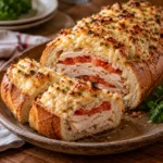 Puffed Turkey Sandwich Loaf with layered turkey and tomato inside French bread under a golden Parmesan topping.