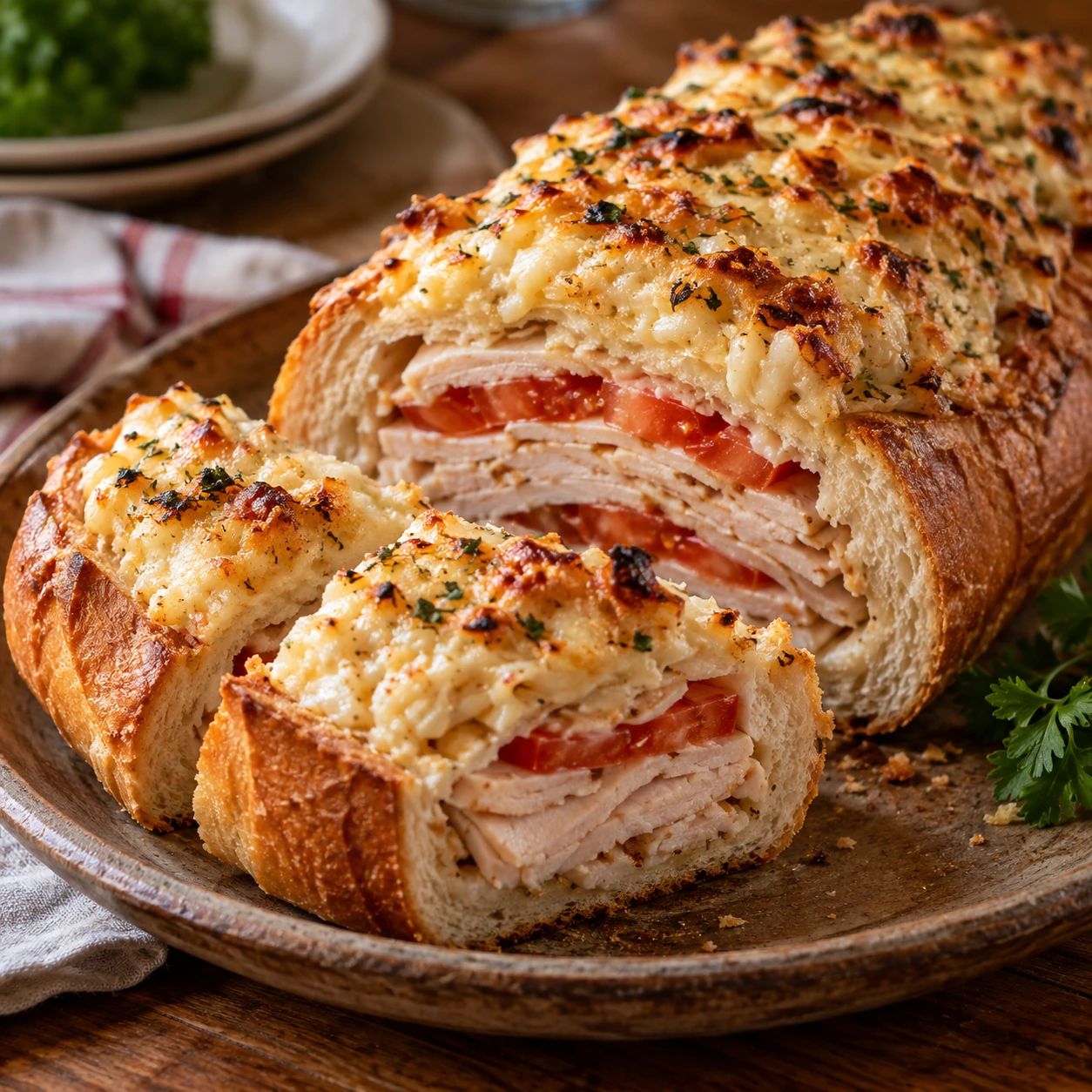 Puffed Turkey Sandwich Loaf with layered turkey and tomato inside French bread under a golden Parmesan topping.