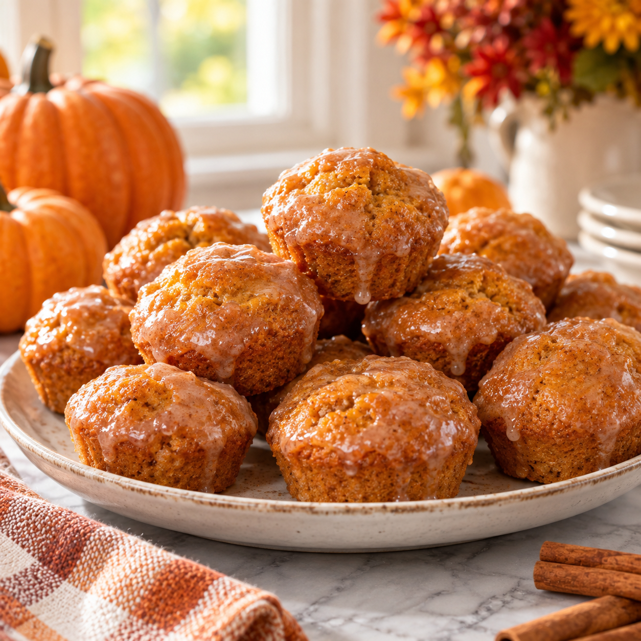 Glazed pumpkin muffins with chopped nuts on a plate in a warm autumn kitchen setting.