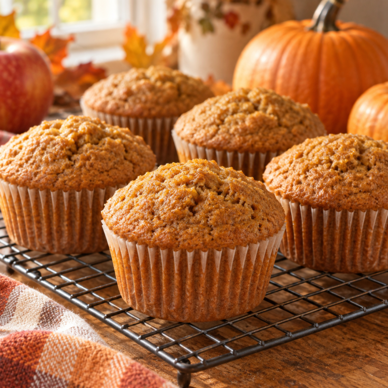 Homemade pumpkin-spice muffins with golden-orange tops cooling on a wire rack in an autumn kitchen setting.