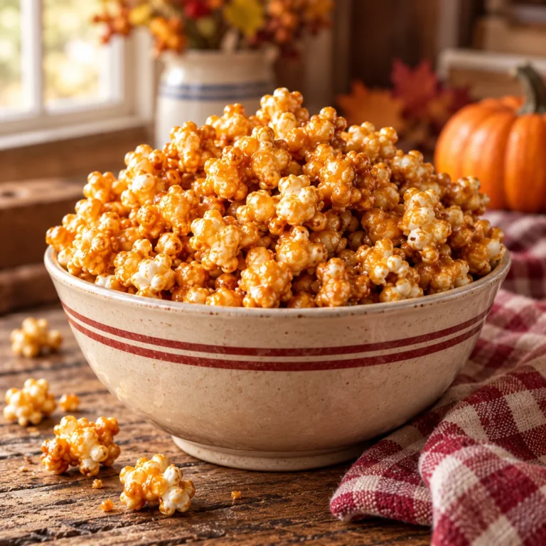 Square hero image of vintage-style caramel corn served in a rustic bowl with subtle autumn styling.