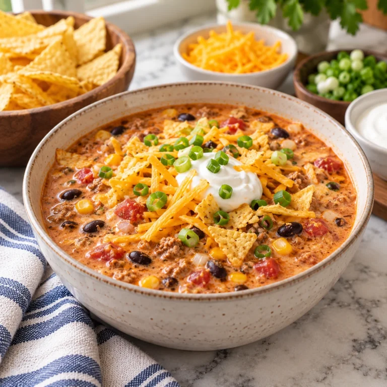 Ranch taco soup with ground beef, chili beans, corn, tomatoes and taco-style toppings.