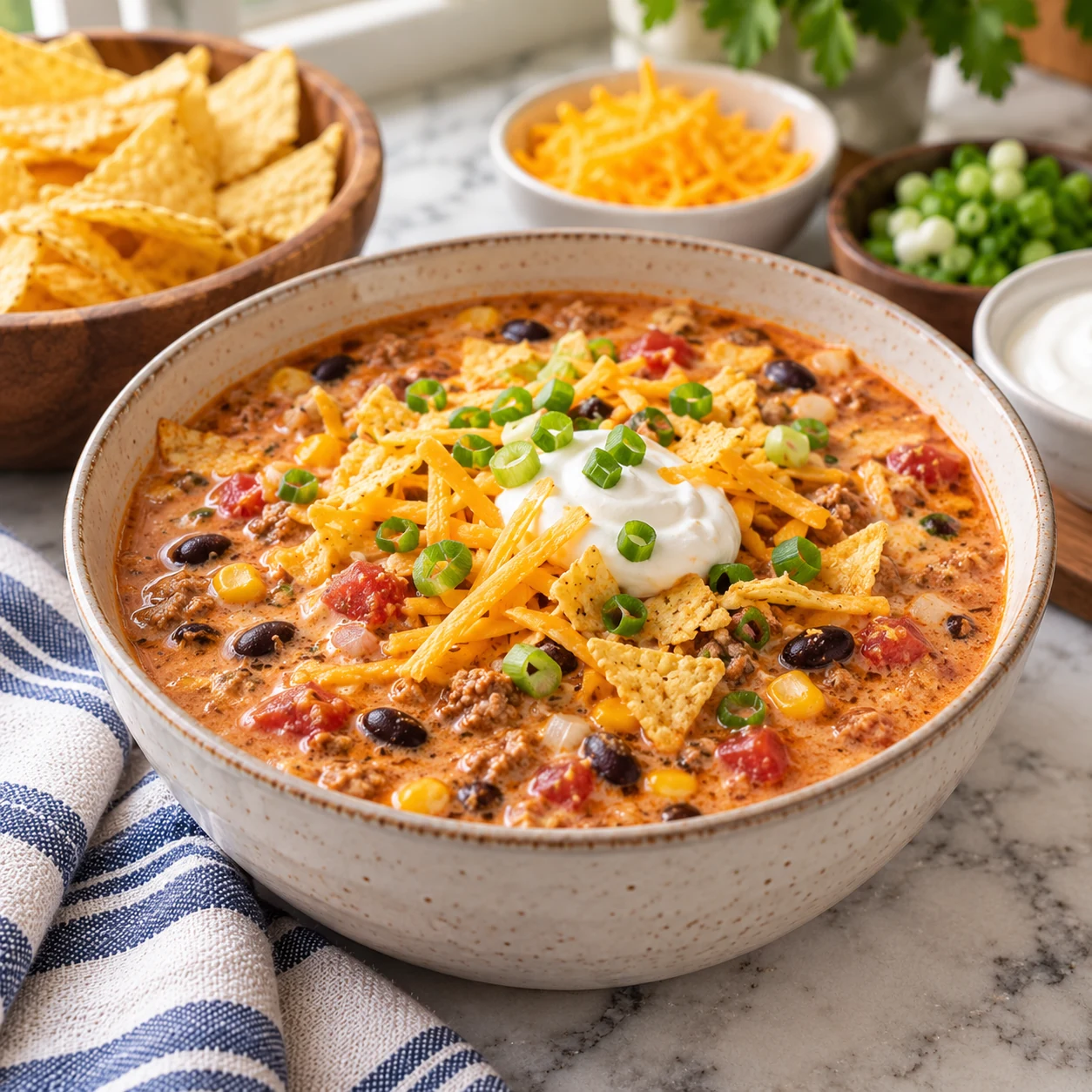 Ranch taco soup with ground beef, chili beans, corn, tomatoes and taco-style toppings.