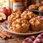 Square hero image of rustic apple muffins with apples and warm autumn kitchen styling.