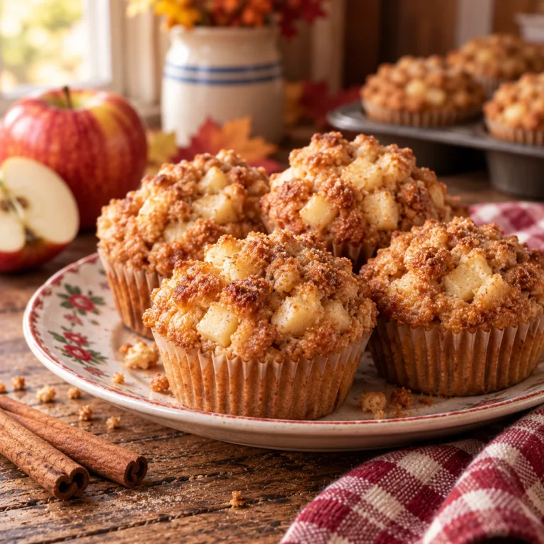 Square hero image of rustic apple muffins with apples and warm autumn kitchen styling.
