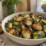 Crispy roasted Brussels sprouts with browned edges in a shallow serving dish with lemon.