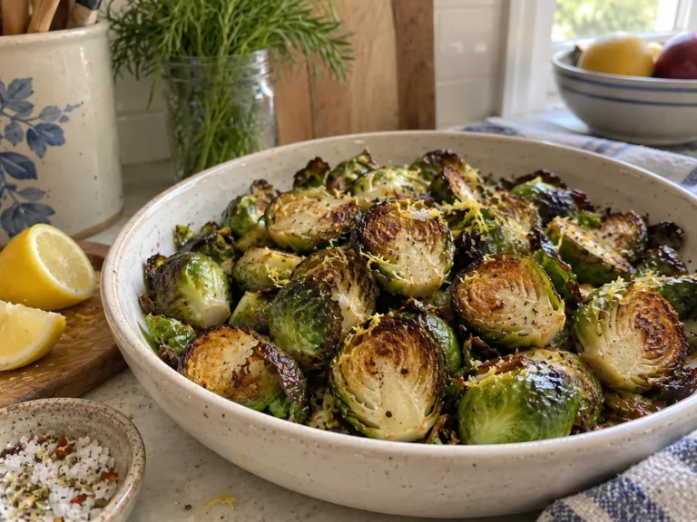 Crispy roasted Brussels sprouts with browned edges in a shallow serving dish with lemon.