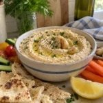 Creamy roasted garlic and white bean hummus with olive oil, roasted garlic, lemon, and vegetables.
