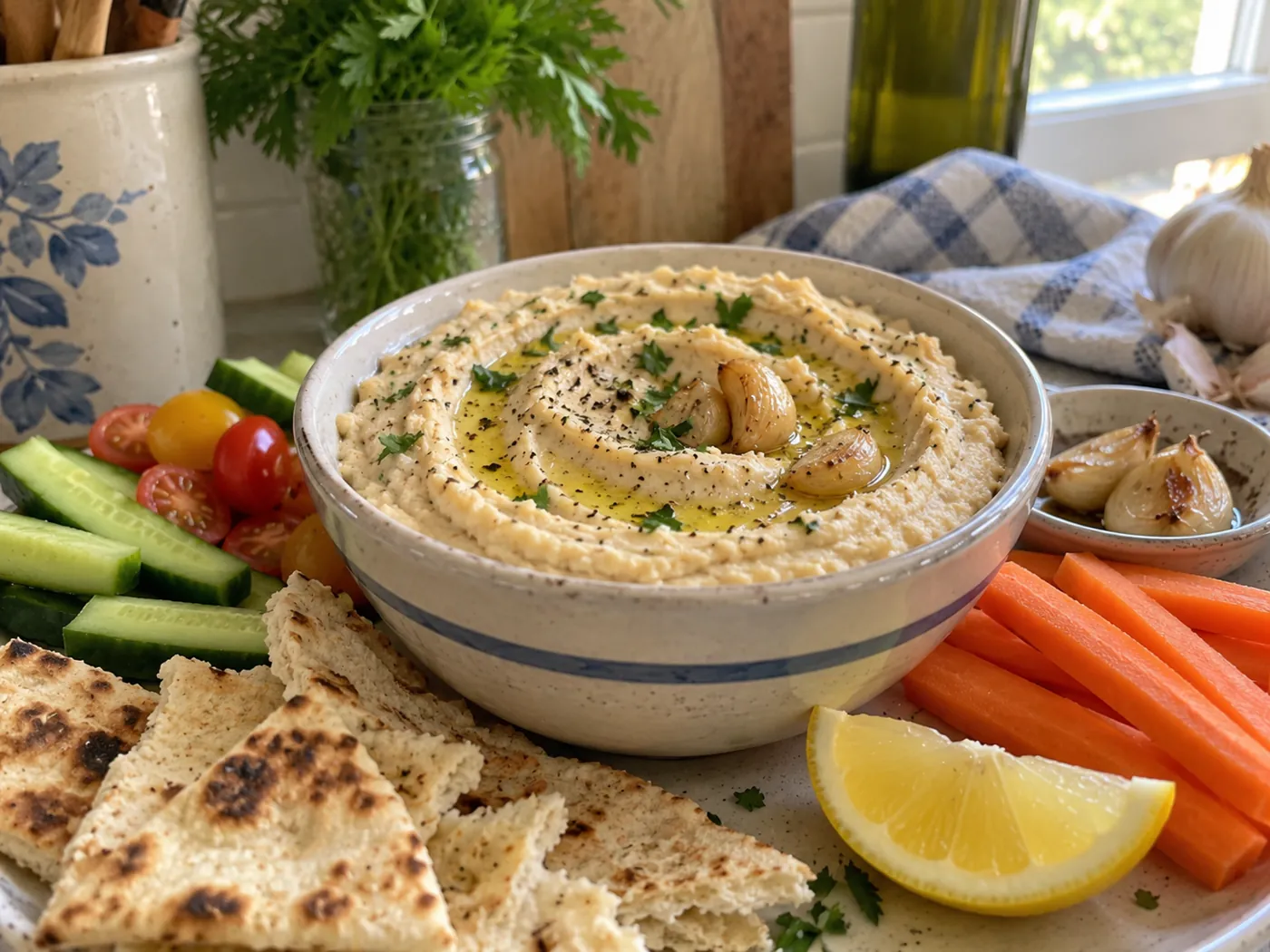 Creamy roasted garlic and white bean hummus with olive oil, roasted garlic, lemon, and vegetables.