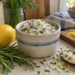Rosemary and lemon sea salt in a small glass jar with fresh rosemary and lemon on a kitchen counter.
