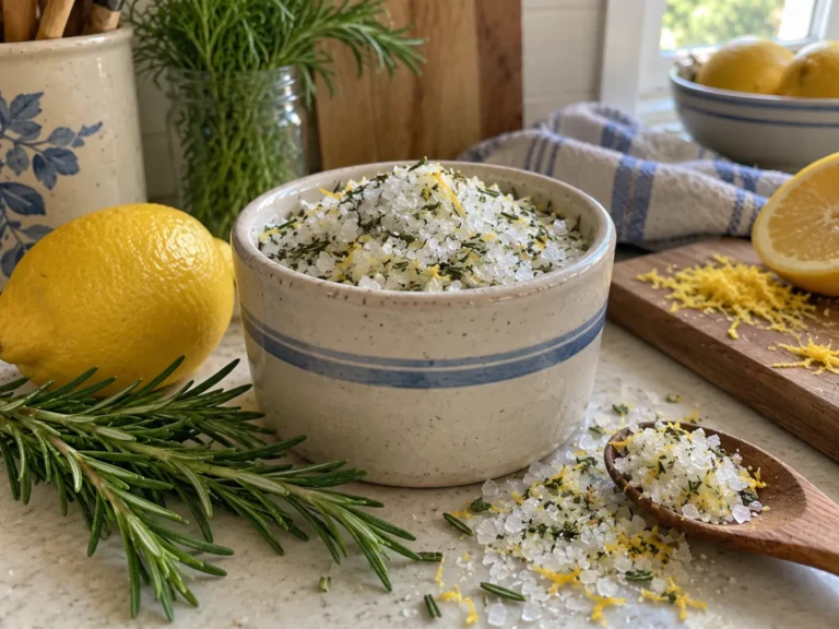 Rosemary and lemon sea salt in a small glass jar with fresh rosemary and lemon on a kitchen counter.