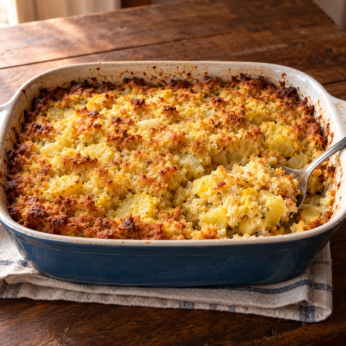 Homemade squash dressing served in a baking dish