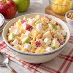 Creamy Taffy Apple Salad with chunks of unpeeled red and green apples, crushed pineapple, miniature marshmallows and cocktail peanuts.