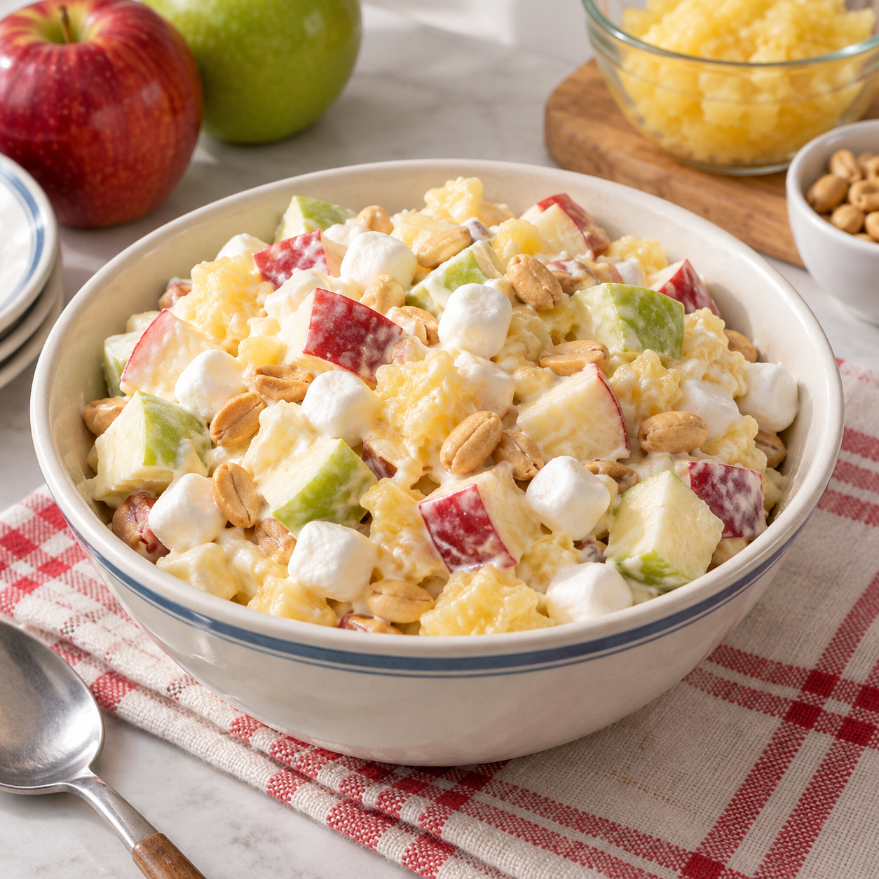 Creamy Taffy Apple Salad with chunks of unpeeled red and green apples, crushed pineapple, miniature marshmallows and cocktail peanuts.
