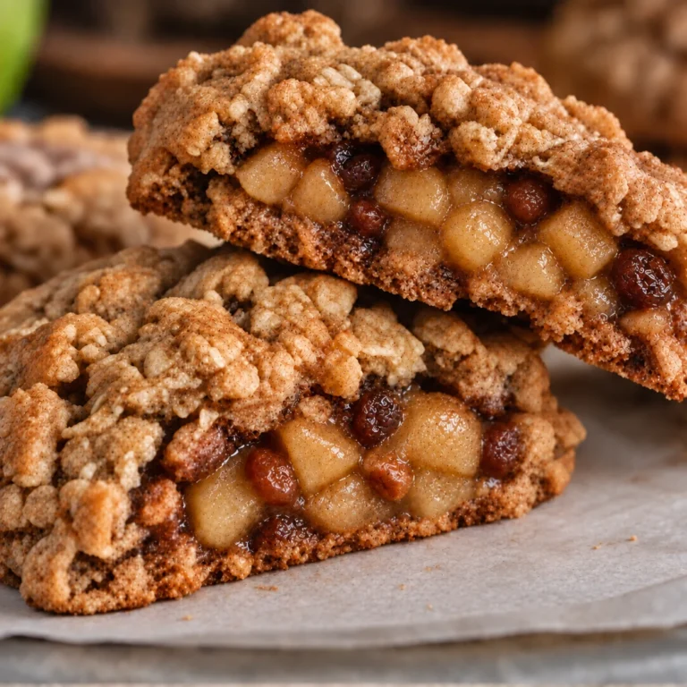 Apple-filled oatmeal cookies broken open to show a diced apple, raisin and pecan filling inside the oatmeal cookie