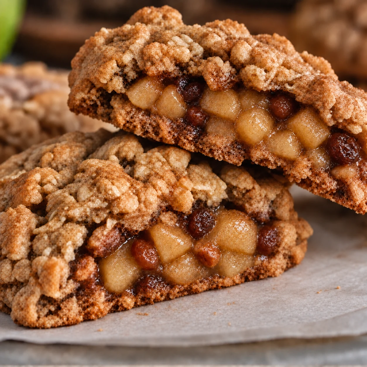 Apple-filled oatmeal cookies broken open to show a diced apple, raisin and pecan filling inside the oatmeal cookie