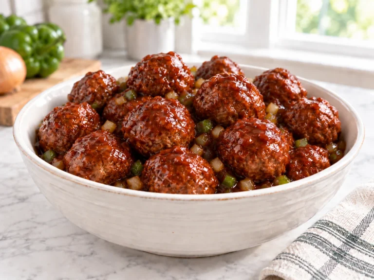 Barbecue cola meatballs coated in a glossy tomato-based sauce with onion and green pepper